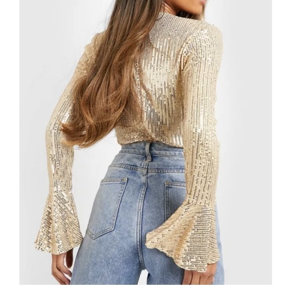 Boohoo Long Sleeve Sequin Bell Sleeve Bodysuit Gold Holiday New Years Size 10 - Picture 6 of 6